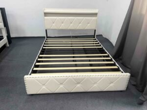 HY013 Beige PVC Storage Bed Frame w/ LED & Charging