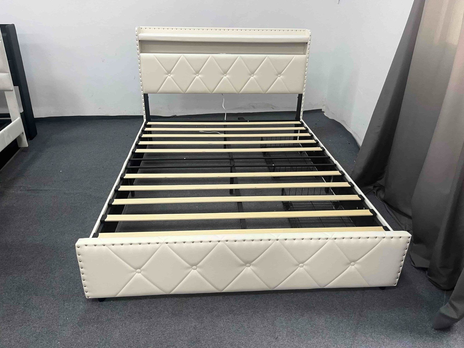 HY013 Beige PVC Storage Bed Frame w/ LED & Charging