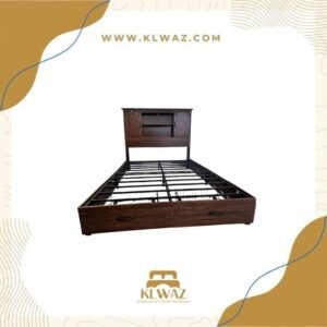 Rustic Wooden Platform Bed Frame with Bookcase Headboard and Storage Drawers